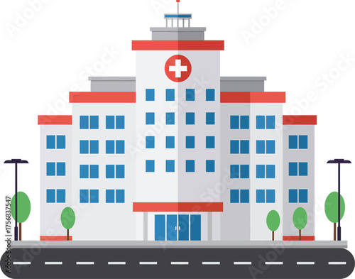 Modern hospital building facade with trees and street in flat design style isolated on transparent background