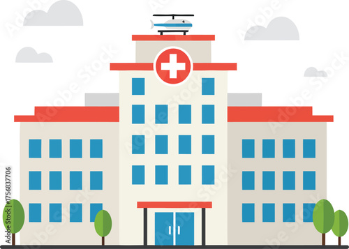 Modern hospital building facade with medical cross symbol detailed exterior view isolated on transparent background
