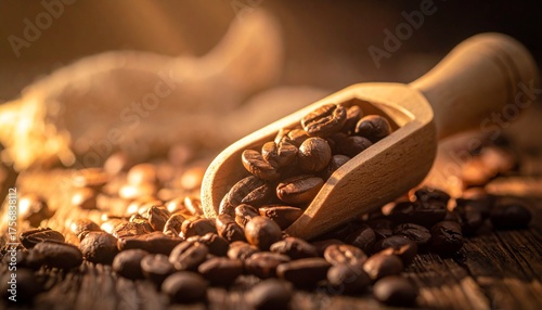 Wallpaper Mural A wooden scoop filled with roasted coffee beans on a rustic wooden surface, with a burlap sack in the background. Torontodigital.ca