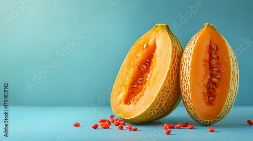 Ripe orange bitter melon with red seeds on blue background