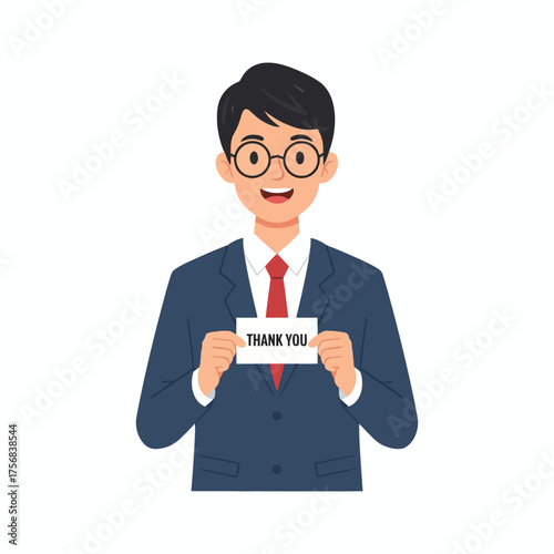 A cheerful businessman in a suit holding a thank you card on a white background