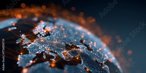 Illuminated globe at night depicting urban lights and atmospheric glow over continents