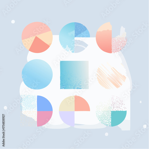 Set of soft grainy shapes, icons, gradations. Abstract isolated figures, noise blurs, various geometric forms, dotted decoration elements, motion effect.