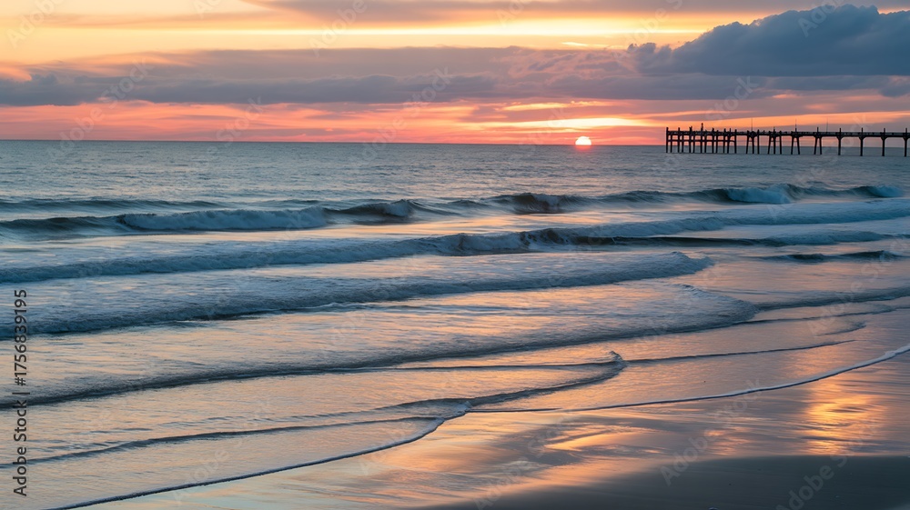 Naklejka premium Sunset over the ocean with gentle waves and a distant pier on the beach
