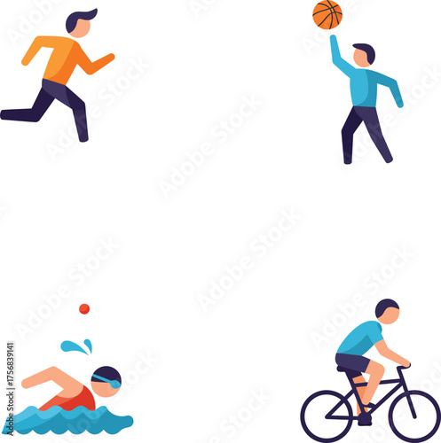 Dynamic sports icons featuring running swimming cycling and basketball for active lifestyle graphics isolated on transparent background