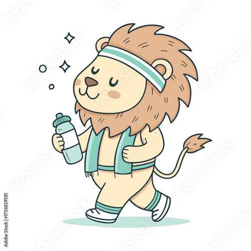 Cartoon lion wearing a headband and towel, walking while holding a water bottle, depicted in a cute and friendly style.