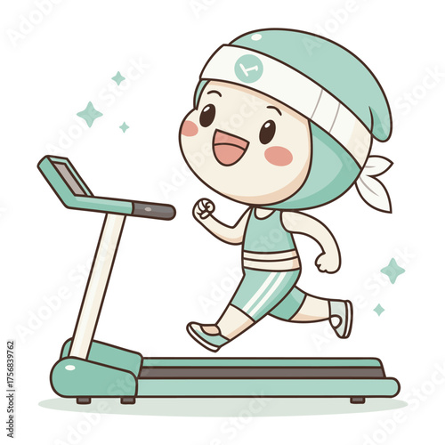 Cartoon character running on a treadmill with a happy expression, wearing a headband and athletic attire in a light teal color scheme.