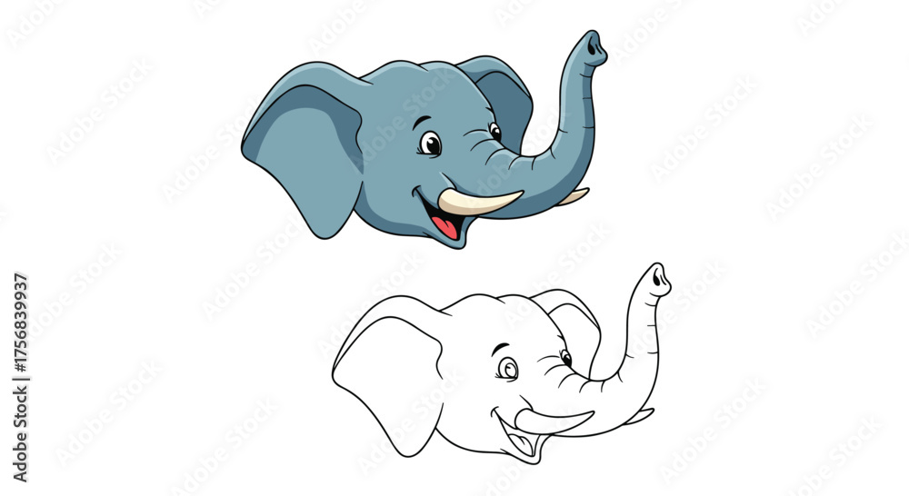 Naklejka premium Two elephant heads one colored and one outline drawing.