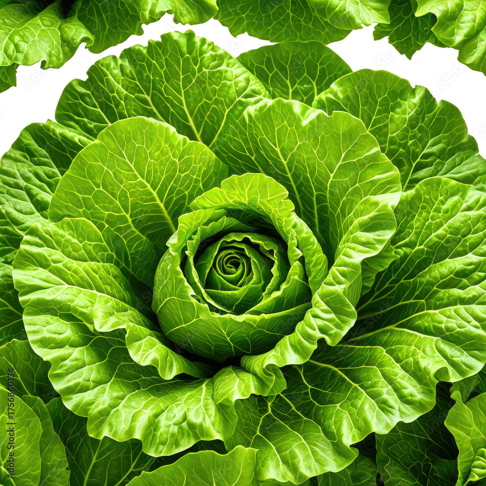 Fototapeta premium Fresh green lettuce head, with spiraling leaf pattern, macro shot
