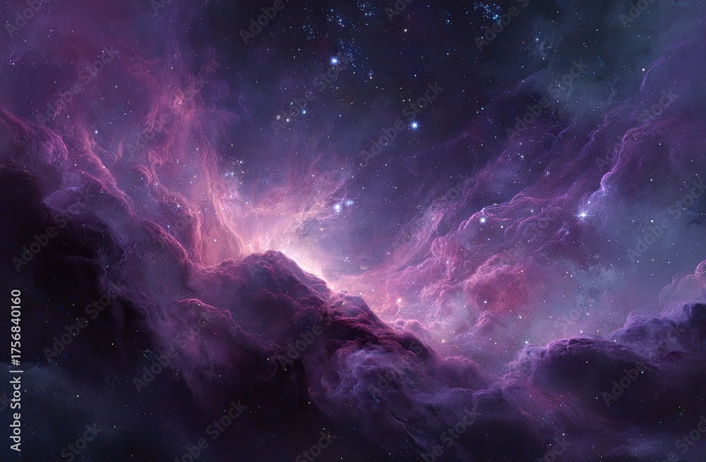 Obraz premium Vast cosmic expanse featuring swirling purple and pink nebulae, illuminated by bright celestial light