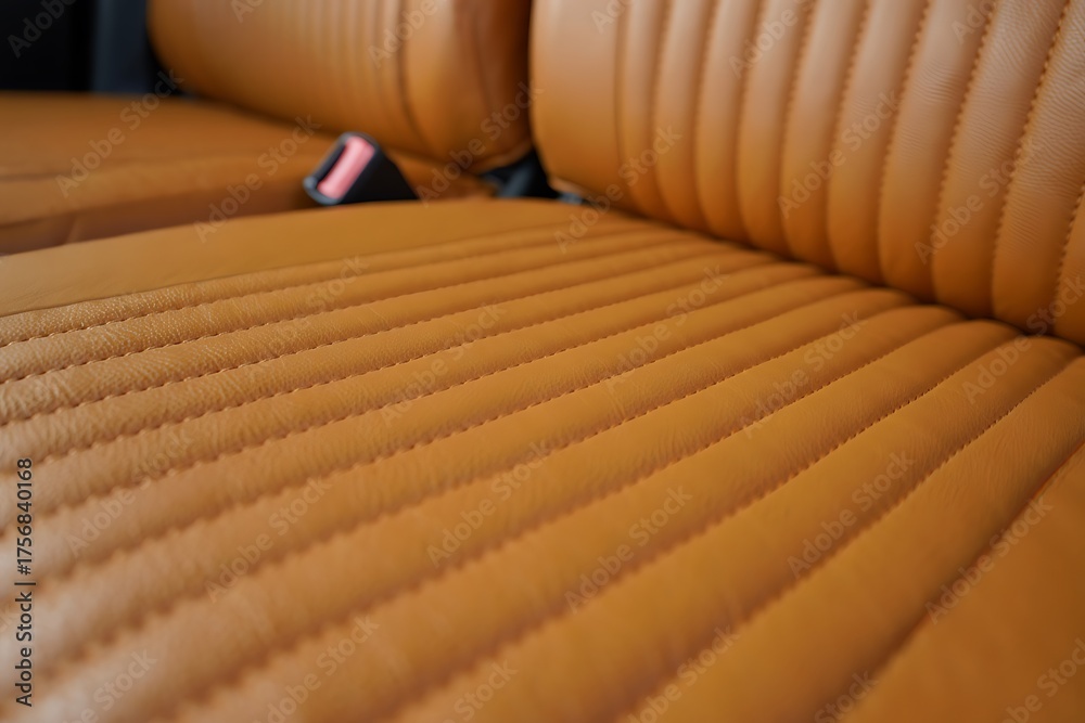 Obraz premium Close up of brown ribbed leather car seat upholstery with seatbelt