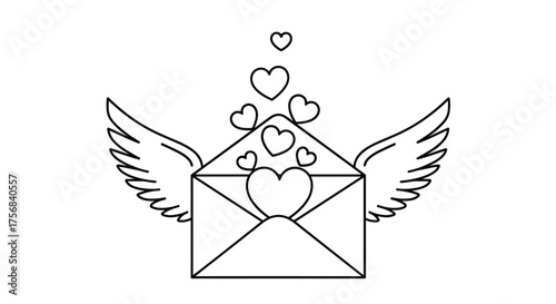 A love letter with wings carrying hearts flying up.