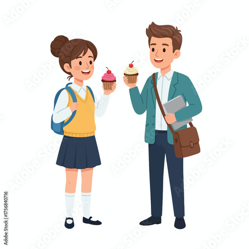 Illustration of a smiling schoolgirl and a man holding cupcakes and a book against a clean white background.