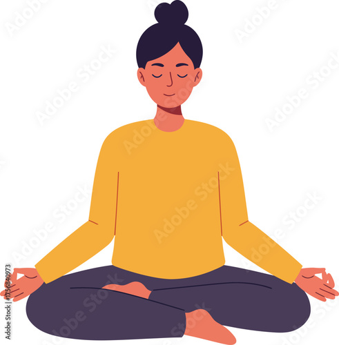 Serene woman in lotus position practicing meditation and mindfulness for inner peace and relaxation. isolated on transparent background