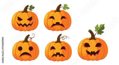 Various carved pumpkins with different expressive faces for Halloween celebrations.