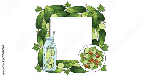 Refreshing cucumber water with cucumber slices in a jar and salad.1