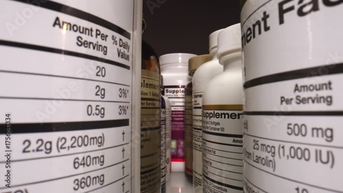 Plastic Nutritional Supplement Containers. The Camera Moves Through Many Plastic Bottles of Dietary Supplements. Health and Wellness Products for Overall Well-being. Pharmaceutical Industry