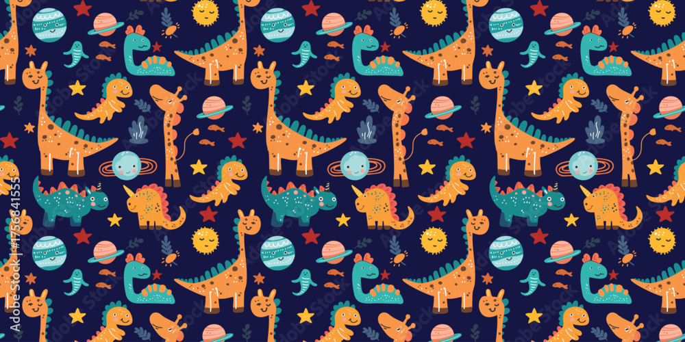 Naklejka premium vector illustration seamless pattern with cute funny dinosaurs