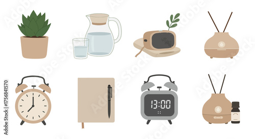 wellness routine items plant water journal diffuser and alarm clocks for healthy lifestyle promoting mindfulness and relaxation well-being items