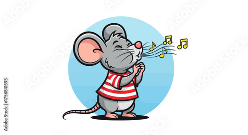 Whistling mouse in a striped shirt cartoon character whistling a tune with musical notes perfect for childrens story illustration or animation
