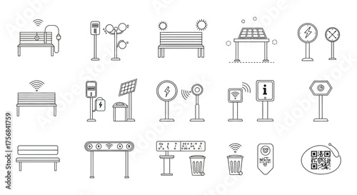 Smart city design elements benches charging stations and information kiosks in a conceptual illustration highlighting urban innovation connectivity and sustainability.