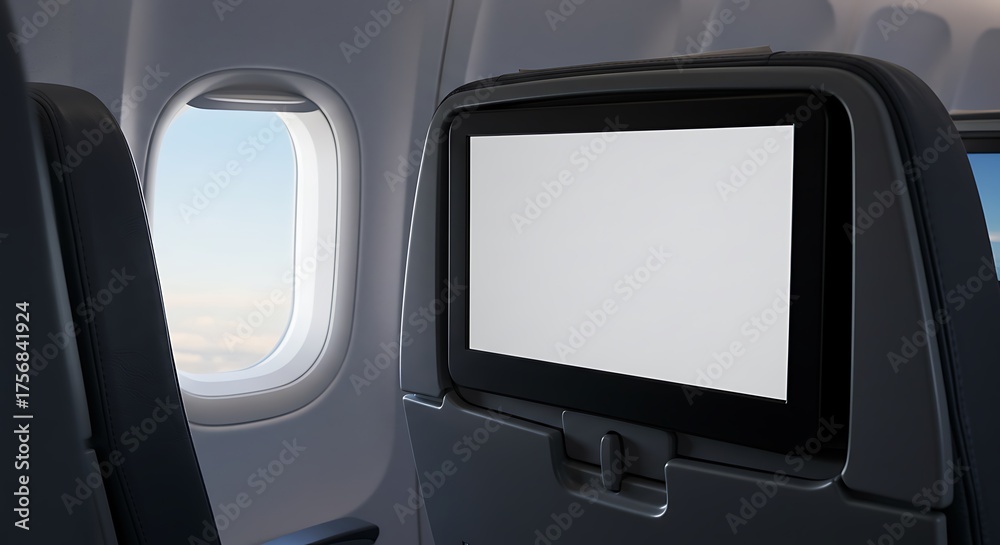 Fototapeta premium Airplane cabin interior with blank screen and window view of clouds during flight for commercial usage and mockups