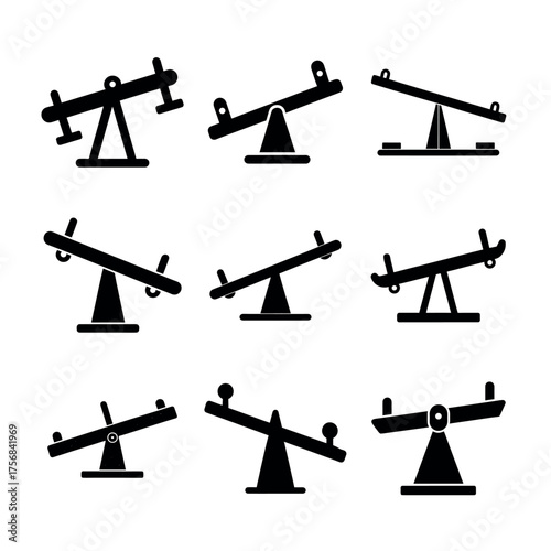 Seesaw Playground Icons Set Vector Collection in Black Silhouette Style
