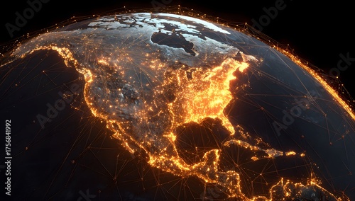 Illuminated north america seen from space at night with glowing city lights