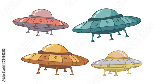 Four colorful cartoon flying saucers on a white background.