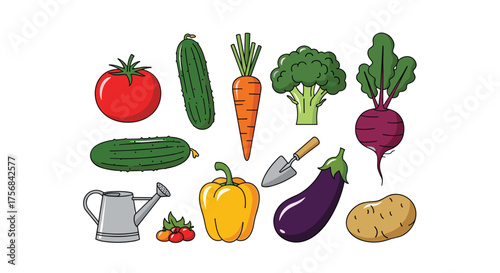 A colorful assortment of fresh vegetables and gardening tools.