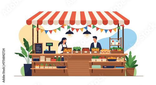 A vibrant farmer's market stall displays fresh produce and artisanal goods.