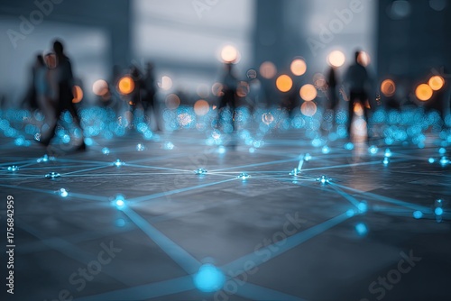 Abstract image showing blurred figures with a grid of glowing blue light