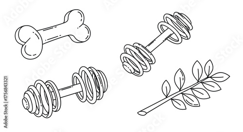 Four dog toys including a bone and two chew toys.