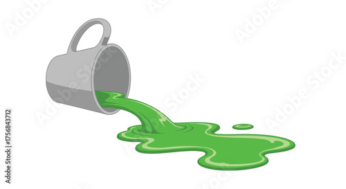 A grey mug spills bright green liquid creating a puddle on a white surface.