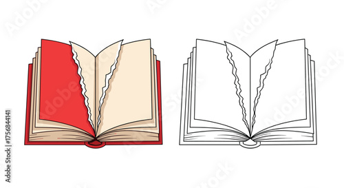 Open book with torn pages and a colored page on the left side.