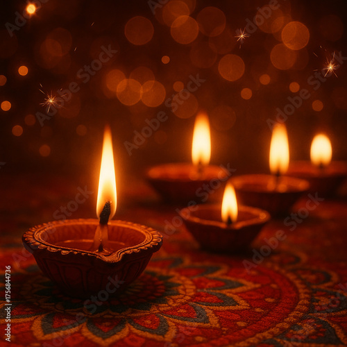 Glowing Clay Diyas on Rangoli – Traditional Diwali Celebration Photography.