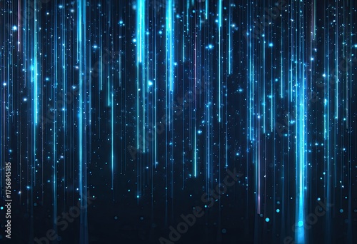 Abstract digital artwork with falling blue neon light streaks and sparkling dots, dark background