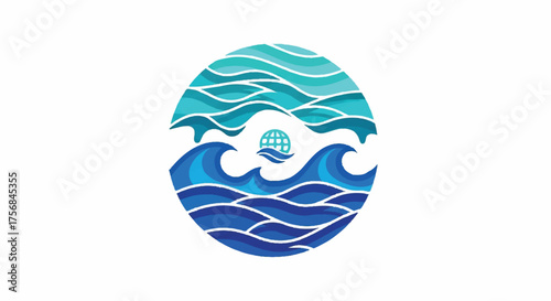 Abstract vector logo of global ocean waves in a circular yin-yang symbol representing harmony and the planet's water cycle