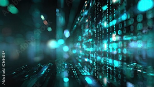 A futuristic, blurred cityscape with a focus on binary code, rendered in cyan and teal hues