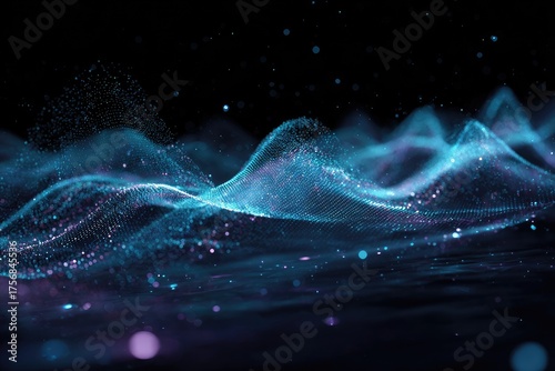 Abstract depiction of undulating, glowing particles in shades of blue and purple against black