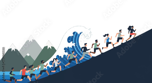 A diverse group of people running uphill away from a large tsunami wave, a vector illustration symbolizing perseverance and overcoming challenges