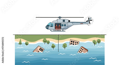 Dynamic vector illustration depicting a helicopter's swift response during a flood crisis, delivering essential aid and conducting emergency rescue operations for affected communities