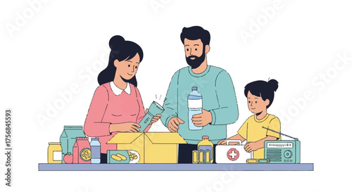 Family packing emergency preparedness kit with essential supplies and first aid for disaster readiness