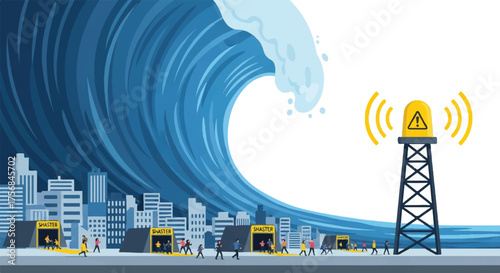 Massive tsunami wave threatens city. Emergency alarm tower broadcasts warnings, directing citizens to shelters for essential disaster preparedness and safety