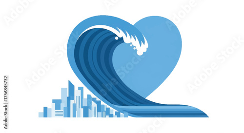 Heart-shaped wave crashing over cityscape symbolizes disaster relief and support for affected communities