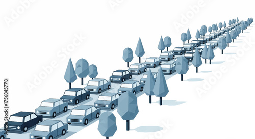 Vector illustration of a traffic jam on a highway, featuring cars, trees, and road elements