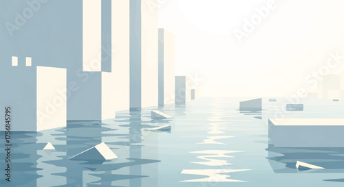 Abstract minimalist city submerged in tranquil waters, a serene geometric cityscape reflection, rendered with crisp vector lines for a modern architectural concept