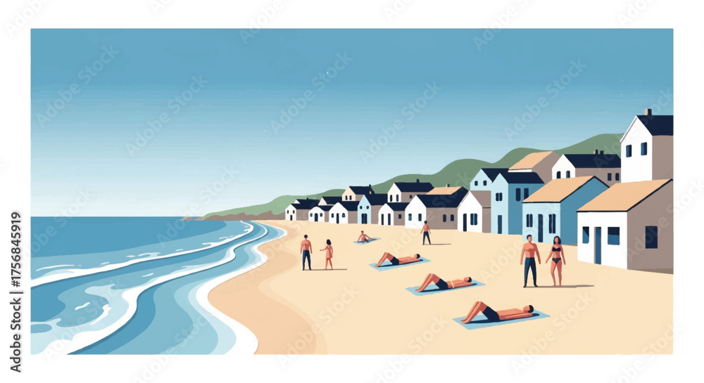 Fototapeta premium A scenic illustration of a beach town with people relaxing on the sand and gentle waves lapping the shore under a clear blue sky