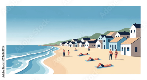 A scenic illustration of a beach town with people relaxing on the sand and gentle waves lapping the shore under a clear blue sky