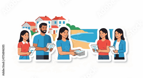 A diverse group of volunteers actively distributing informational flyers for a community outreach program in a coastal town